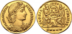 Constantius II AV Solidus. Antioch, AD 347-355. FL IVL CONSTANTIVS PERP AVG, pearl-diademed, draped and cuirassed bust to right / GLORIA REIPVBLICAE, ...