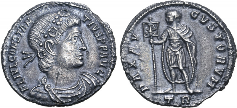 Constantius II AR Siliqua. Treveri, AD 347-348. FL IVL CONSTANTIVS P F AVG, rose...