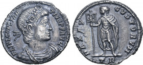 Constantius II AR Siliqua. Treveri, AD 347-348. FL IVL CONSTANTIVS P F AVG, rosette-diademed, draped and cuirassed bust to right / PAX AVGVSTORVM, Emp...