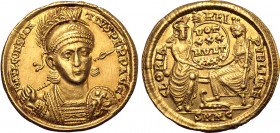 Constantius II AV Solidus. Nicomedia, AD 351-355. FL IVL CONSTANTIVS PERP AVG, pearl-diademed, helmeted and cuirassed bust facing, holding spear and s...