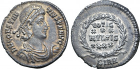 Constantius II AR Reduced Siliqua. Sirmium, AD 355-361. D N CONSTANTIVS P F AVG, pearl-diademed, draped and cuirassed bust to right / Laurel wreath en...