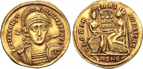 Constantius II AV Solidus. Rome, AD 355-357. FL IVL CONSTANTIVS P F AVG, diademed, helmeted and cuirassed bust facing, holding spear and shield with s...