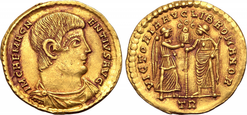 Magnentius AV Solidus. Treveri, AD 350. IM CAE MAGNENTIVS AVG, bare-headed, drap...