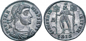 Vetranio BI Centenionalis. Siscia, AD 350. D N VETRANIO P F AVG, laureate, draped and cuirassed bust to right; A behind / CONCORDIA MILITVM, Emperor s...
