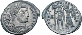 Vetranio BI Centenionalis. Siscia, AD 350. D N VETRANIO P F AVG, laureate, draped and cuirassed bust to right; A behind / HOC SIGNO VICTOR ERIS, Emper...
