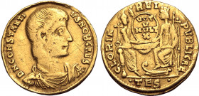 Constantius Gallus, as Caesar, AV Solidus. Thessalonica, AD 350-355. D N CONSTANTIVS NOB CAES, bare-headed, draped and cuirassed bust to right / GLORI...