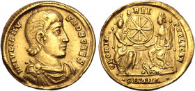 Julian II, as Caesar, AV Solidus. Antioch, AD 355-361. D N IVLIANVS NOB CAES, bare-headed, draped and cuirassed bust to right / GLORIA REIPVBLICAE, Ro...