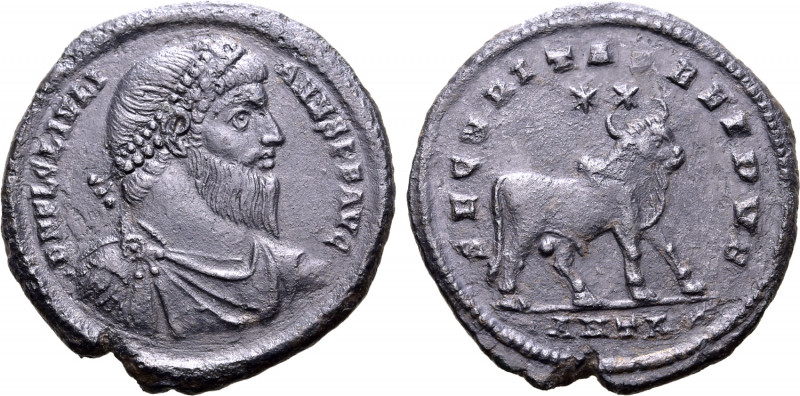 Julian II BI 28mm. Antioch, AD 361-363. D N FL CL IVLIANVS P F AVG, pearl-diadem...