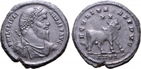 Julian II BI 28mm. Antioch, AD 361-363. D N FL CL IVLIANVS P F AVG, pearl-diademed, draped and cuirassed bust to right / SECVRITAS REIPVB, bull to rig...
