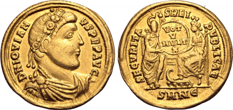 Jovian AV Solidus. Nicomedia, AD 363-364. D N IOVIANVS PEP AVG, rosette-diademed...