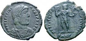 Valentinian I BI 30mm. Nicomedia, AD 364-367. D N VALENTINIANVS P F AVG, pearl-diademed, draped and cuirassed bust to right / RESTITVTOR REIPVBLICAE, ...