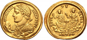 Valentinian I AV Solidus. Antioch, AD 368. D N VALENTINIANVS P F AVG, rosette-diademed and mantled bust to left, holding mappa and sceptre / VOTA PVBL...