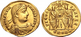 Valentinian I AV Solidus. Treveri, AD 371-372. D N VALENTINIANVS P F AVG, pearl-diademed, draped and cuirassed bust to right / VICTORIA AVGG, two empe...
