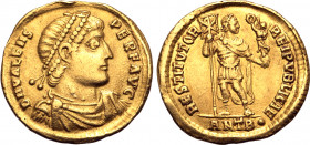 Valens AV Solidus. Antioch, AD 366-367. D N VALENS PER F AVG, pearl-diademed, draped and cuirassed bust to right / RESTITVTOR REIPVBLICAE, Emperor sta...
