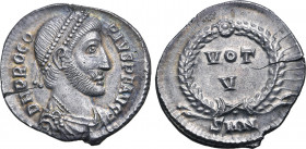 Procopius AR Siliqua. Nicomedia, AD 365-366. D N PROCOPIVS P F AVG, pearl-diademed, draped and cuirassed bust to right / VOT V in two lines within lau...