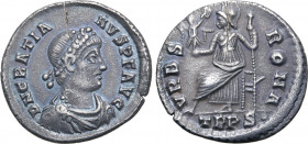 Gratian AR Siliqua. Treveri, AD 367-378. D N GRATIANVS P F AVG, pearl-diademed, draped and cuirassed bust to right / VRBS ROMA, Roma enthroned to left...