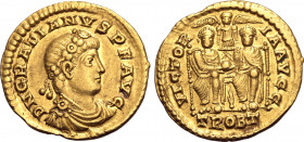 Gratian AV Solidus. Treveri, AD 374. D N GRATIANVS P F AVG, rosette-diademed, draped and cuirassed bust to right / VICTORIA AVGG, two emperors seated ...