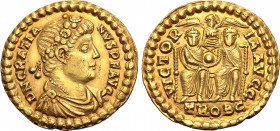 Gratian AV Solidus. Treveri, AD 374-375. D N GRATIANVS P F AVG, rosette-diademed, draped and cuirassed bust to right / VICTORIA AVGG, two emperors sea...