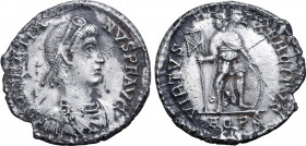 Gratian AR Light Miliarense. Aquileia, AD 378-383. D N GRATIANVS P F AVG, pearl-diademed, draped and cuirassed bust to right / VIRTVS EXERCITVS, Emper...