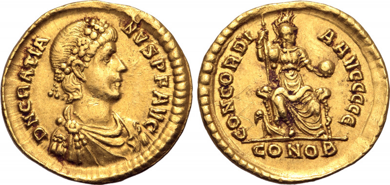 Gratian AV Solidus. Constantinople, AD 383-385. D N GRATIANVS P F AVG, rosette-d...
