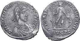 Valentinian II AR Light Miliarense. Lugdunum, AD 388-392. D N VALENTINI[ANV]S P F AVG, pearl-diademed, draped and cuirassed bust to right / GLORIA ROM...