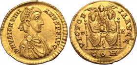 Valentinian II AV Solidus. Treveri, AD 389-391. D N VALENTINIANVS P F AVG, pearl-diademed, draped and cuirassed bust to right / VICTORIA AVGG, two emp...