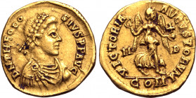Theodosius I AV Tremissis. Mediolanum, AD 394-395. D N THEODOSIVS P F AVG, pearl-diademed, draped and cuirassed bust to right / VICTORIA AVGVSTORVM, V...