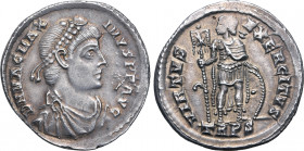 Magnus Maximus AR Light Miliarense. Treveri, AD 383-388. D N MAG MAXIMVS P F AVG, pearl-diademed, draped and cuirassed bust to right / VIRTVS EXERCITV...