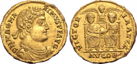 Magnus Maximus AV Solidus. London (as Augusta), AD 384. D N MAG MAXIMVS P F AVG, rosette-diademed, draped and cuirassed bust to right / VICTORIA AVGG,...