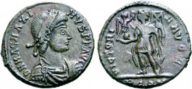 Magnus Maximus Æ 21mm. Arelate, AD 386. D N MAG MAXIMVS P F AVG, pearl-diademed, draped, and cuirassed bust to right / VICTORIA AVGG, Emperor standing...