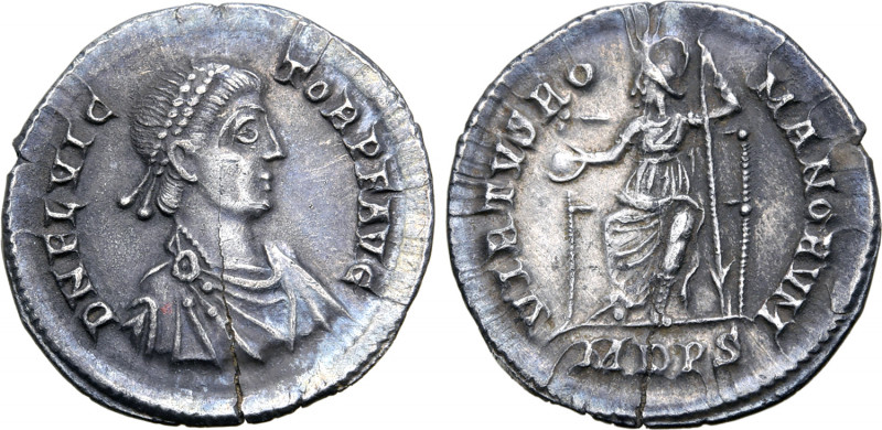 Flavius Victor AR Siliqua. Mediolanum, AD 387-388. D N FL VICTOR P F AVG, pearl-...