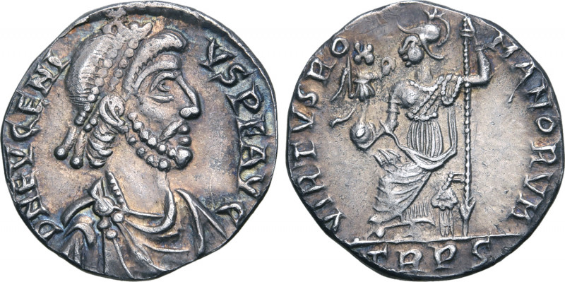 Eugenius AR Siliqua. Treveri, AD 392-395. D N EVGENIVS P F AVG, pearl-diademed, ...