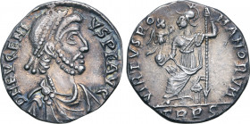 Eugenius AR Siliqua. Treveri, AD 392-395. D N EVGENIVS P F AVG, pearl-diademed, draped and cuirassed bust to right / VIRTVS ROMANORVM, Roma seated to ...
