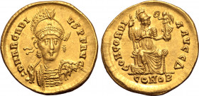 Arcadius AV Solidus. Constantinople, AD 397-402. D N ARCADIVS P F AVG, pearl-diademed, helmeted and cuirassed bust facing slightly to right, holding s...