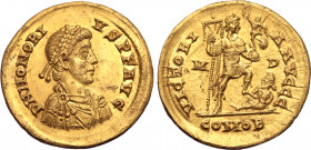 Honorius AV Solidus. Mediolanum, AD 394-395. D N HONORIVS P F AVG, pearl-diademed, draped and cuirassed bust to right / VICTORIA AVGGG, Emperor standi...