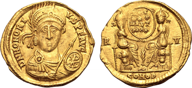 Honorius AV Solidus. Ravenna, AD 421. D N HONORIVS P F AVG, pearl-diademed, helm...