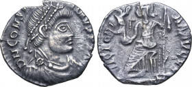 Constantine III AR Siliqua. Arelate, AD 408-411. D N CONS[TANT]INVS P F AVG, pearl-diademed, draped and cuirassed bust to right / VICTORIA AAVGG[G], R...