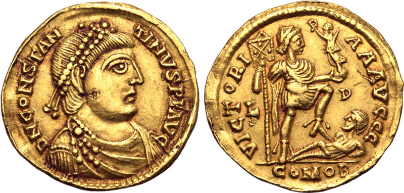 Constantine III AV Solidus. Lugdunum, AD 409-411. D N CONSTANTINVS P F AVG, pear...
