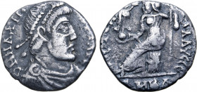 Maximus AR Siliqua. Barcino (Barcelona), AD 410-411. D N MAXIM[VS P F AVG], pearl-diademed, draped and cuirassed to right / [VICTOR]A AAVGGG (sic), Ro...