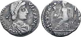 Jovinus AR Siliqua. Treveri, AD 411-413. D N IOVINVS P F AVG, pearl-diademed, draped and cuirassed bust to right / VICTORIA AVGG, Roma seated to left ...