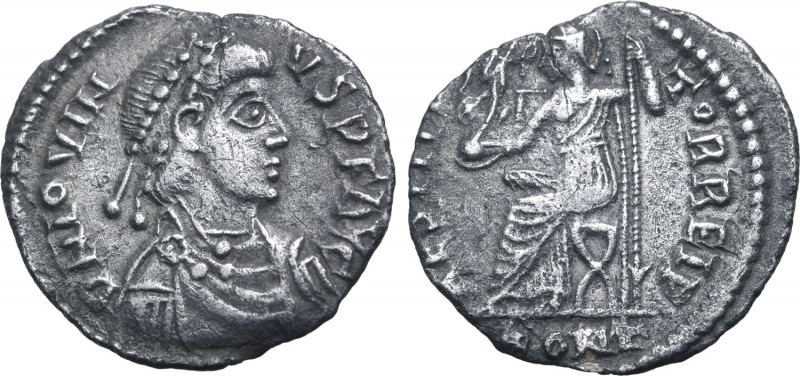 Jovinus AR Siliqua. Arelate, AD 411-413. D N IOVINVS P F AVG, pearl-diademed, dr...