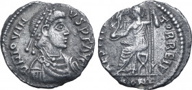Jovinus AR Siliqua. Arelate, AD 411-413. D N IOVINVS P F AVG, pearl-diademed, draped and cuirassed bust to right / RESTITVTOR REI P, Roma seated to le...