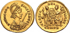 Theodosius II AV Solidus. Constantinople, AD 415. D N THEODOSIVS P F AVG, pearl-diademed, helmeted and cuirassed bust to right, holding spear and shie...