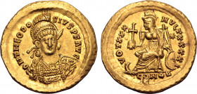 Theodosius II AV Solidus. Constantinople, AD 430-440. D N THEODOSIVS P F AVG, pearl-diademed, helmeted and cuirassed bust facing, holding spear and sh...