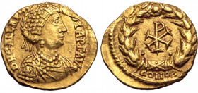 Galla Placidia (mother of Valentinian III) AV Tremissis. Rome, AD 422. D N GALLA P[LACI]DIA P F AVG, pearl-diademed and draped bust to right, cross on...