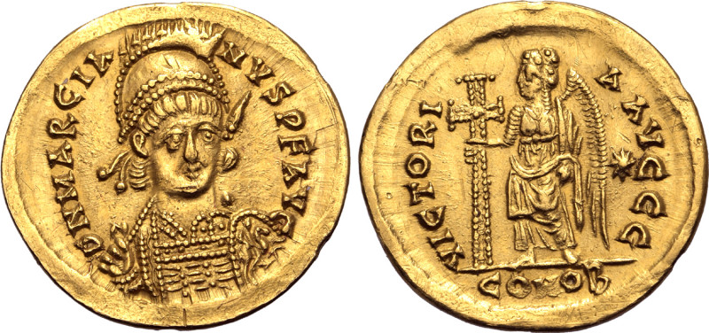 Marcian AV Solidus. Constantinople, AD 450. D N MARCIANVS P F AVG, diademed, hel...