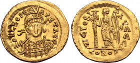 Leo I AV Solidus. Constantinople, AD 462 or 466. D N LEO PERPET AVG, helmeted, diademed and cuirassed bust facing, holding spear and shield with horse...