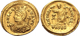 Leo I AV Solidus. Thessalonica, AD 462. D N LEO PERPET AVG, pearl-diademed and mantled bust to left, holding mappa and cruciform sceptre / VICTORIA AV...