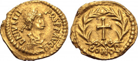 Julius Nepos AV Tremissis. Mediolanum, AD 474-475. D N IVL NEPOS P F AVG, pearl-diademed, draped and cuirassed bust to right / Cross within wreath; CO...