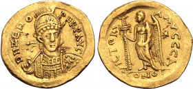 Zeno AV Solidus. Second reign. Constantinople, AD 476-491. D N ZENO PERP AVG, pearl-diademed, helmeted and cuirassed bust facing slightly to right, ho...
